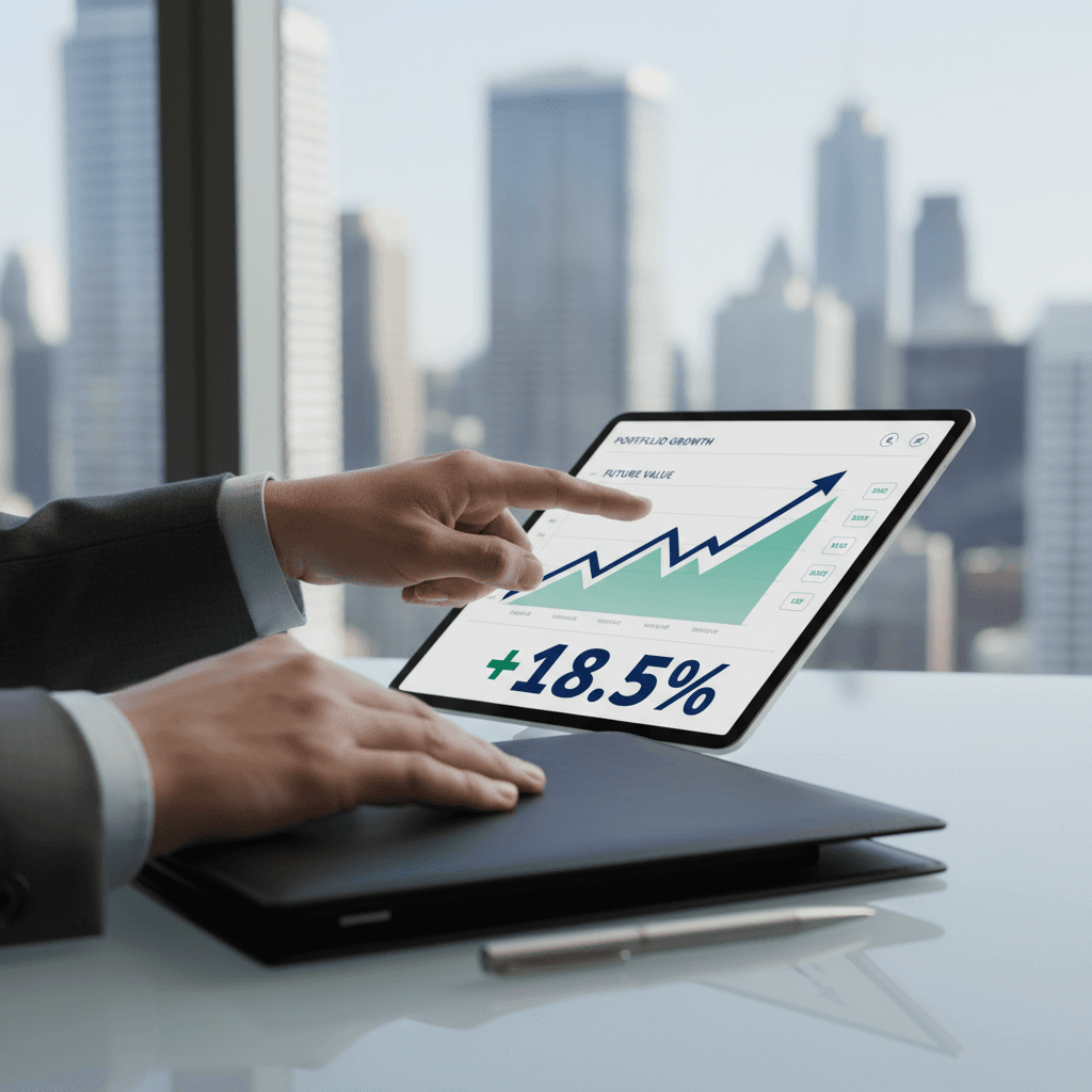 Wealth advisor pointing at financial growth charts on tablet during client consultation in modern office