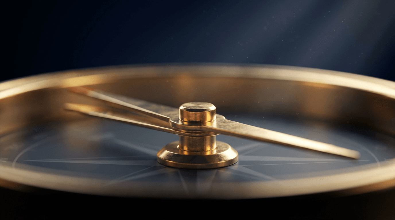 Rotating brass compass needle with warm light reflections and floating dust particles on deep blue background.