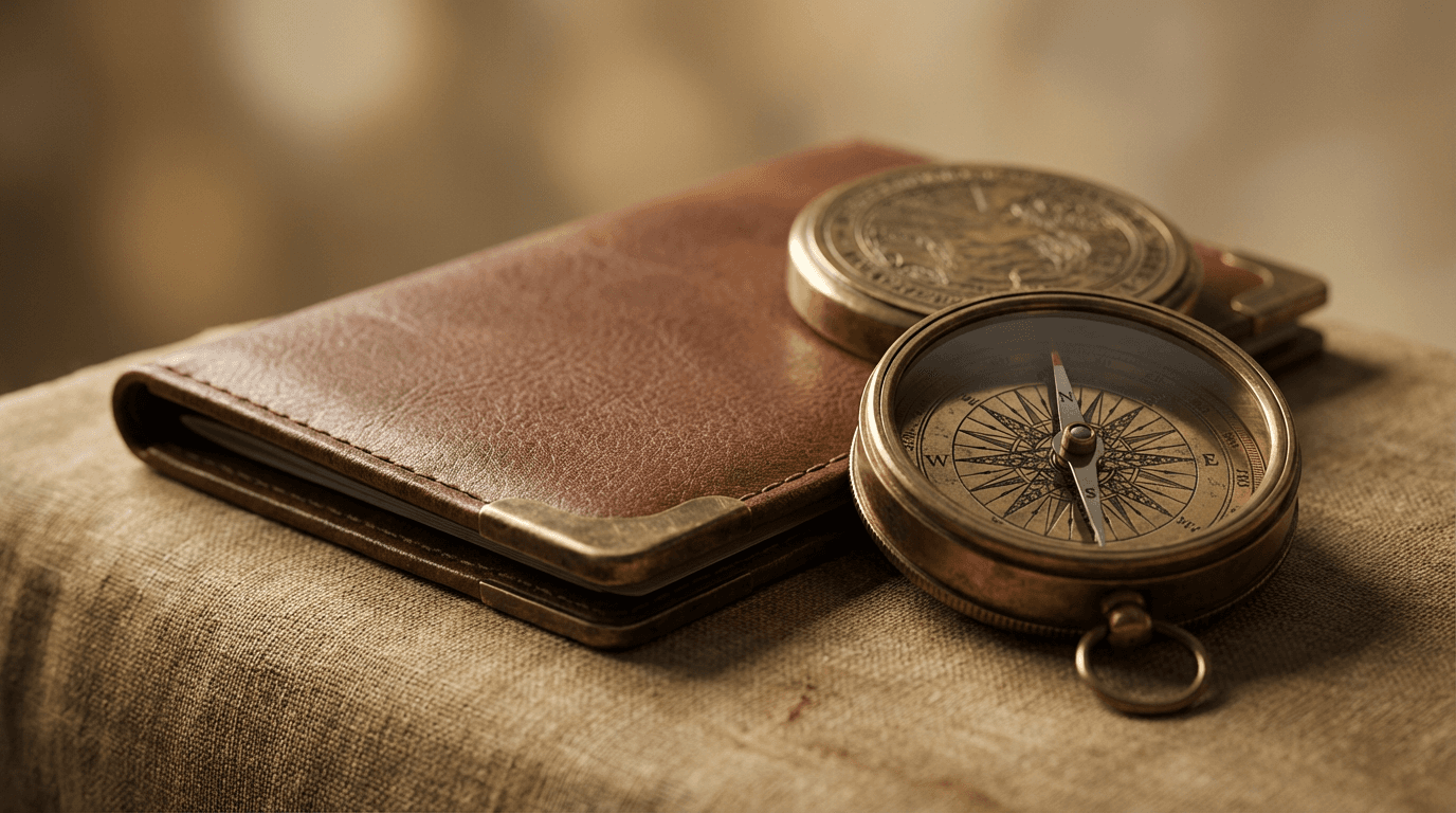Vintage compass and leather passport on tan linen with warm dramatic lighting.