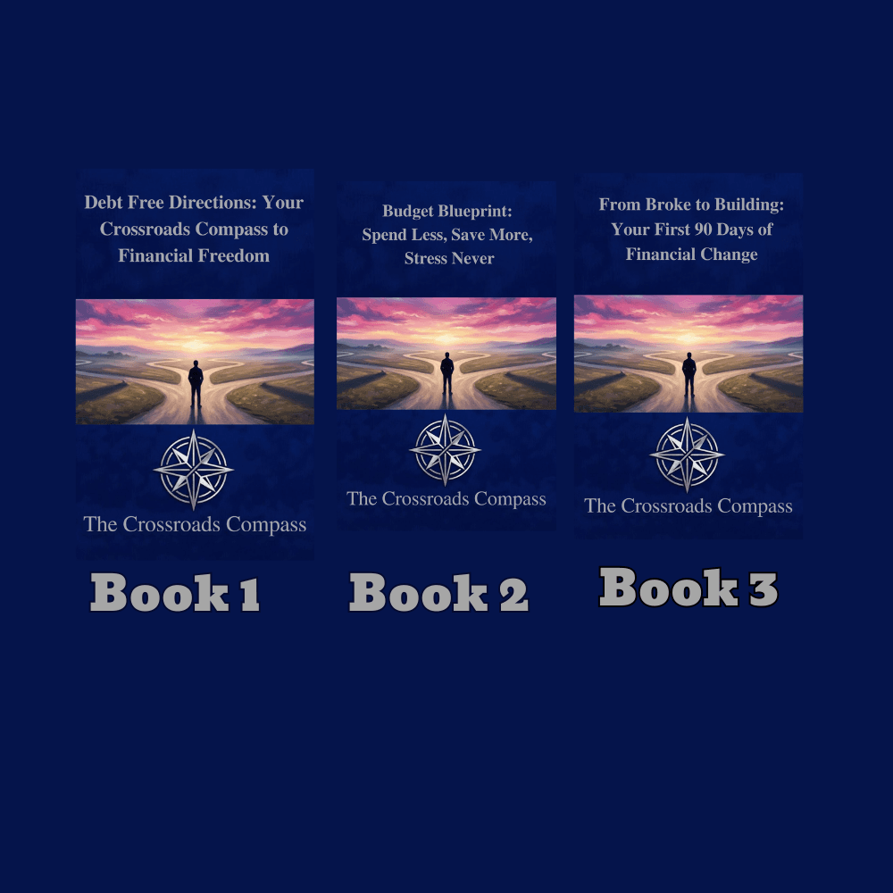Three financial book covers for The Crossroads Compass series featuring a person at a crossroads.