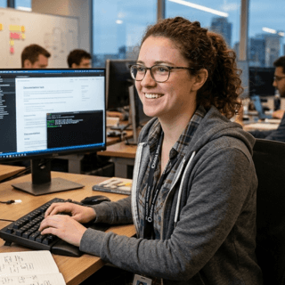Smiling woman with glasses and curly hair types at a computer desk in an office.